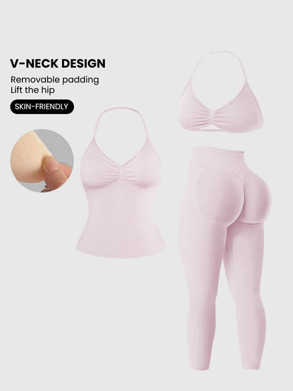 Women'S Halter Top + Sports Bra + High Waist Tight Pants 3 Piece Set, Detachable Pads, Butt Lifting, Abdominal Support, Yoga Fitness Daily Wear