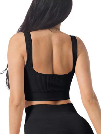 Women'S Solid Backless Ribbed Sports Vest, Casual Comfortable Breathable Square Neck Sports Vest for Yoga Gym Workout, Breathable Workout Tops, Ladies Sportswear Clothing for All Seasons