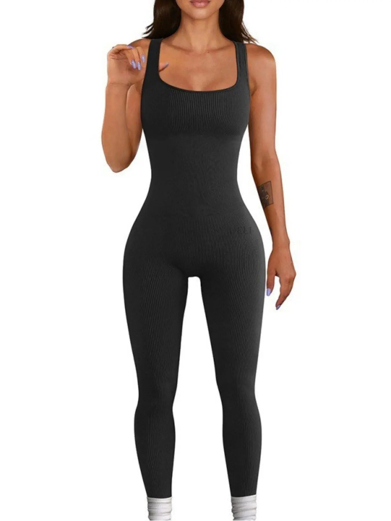 Women'S Solid Backless Sports Bodysuit, Solid Scoop Neck Sleeveless Sports Jumpsuit for Workout Yoga Gym Wear, Jumpsuit for Women, Ladies' Sportswear Clothing