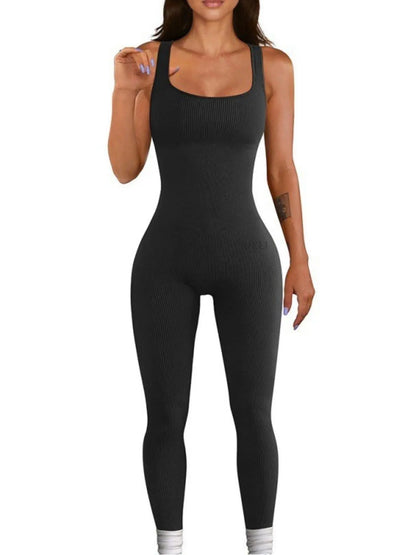 Women'S Solid Backless Sports Bodysuit, Solid Scoop Neck Sleeveless Sports Jumpsuit for Workout Yoga Gym Wear, Jumpsuit for Women, Ladies' Sportswear Clothing